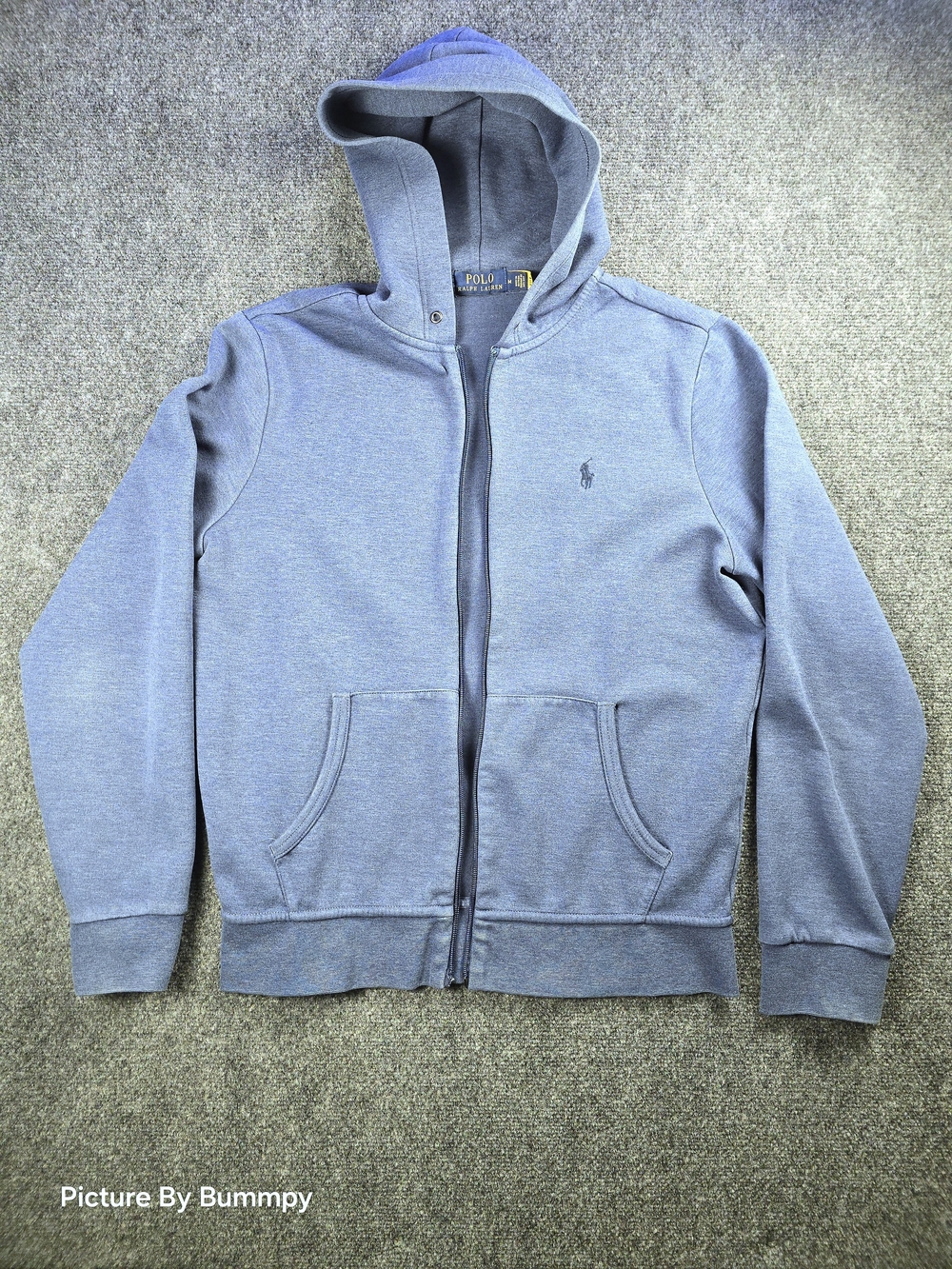 Polo by Ralph Lauren Heather Blue Zip-Up Hooded Sweatshirt. Size Medium